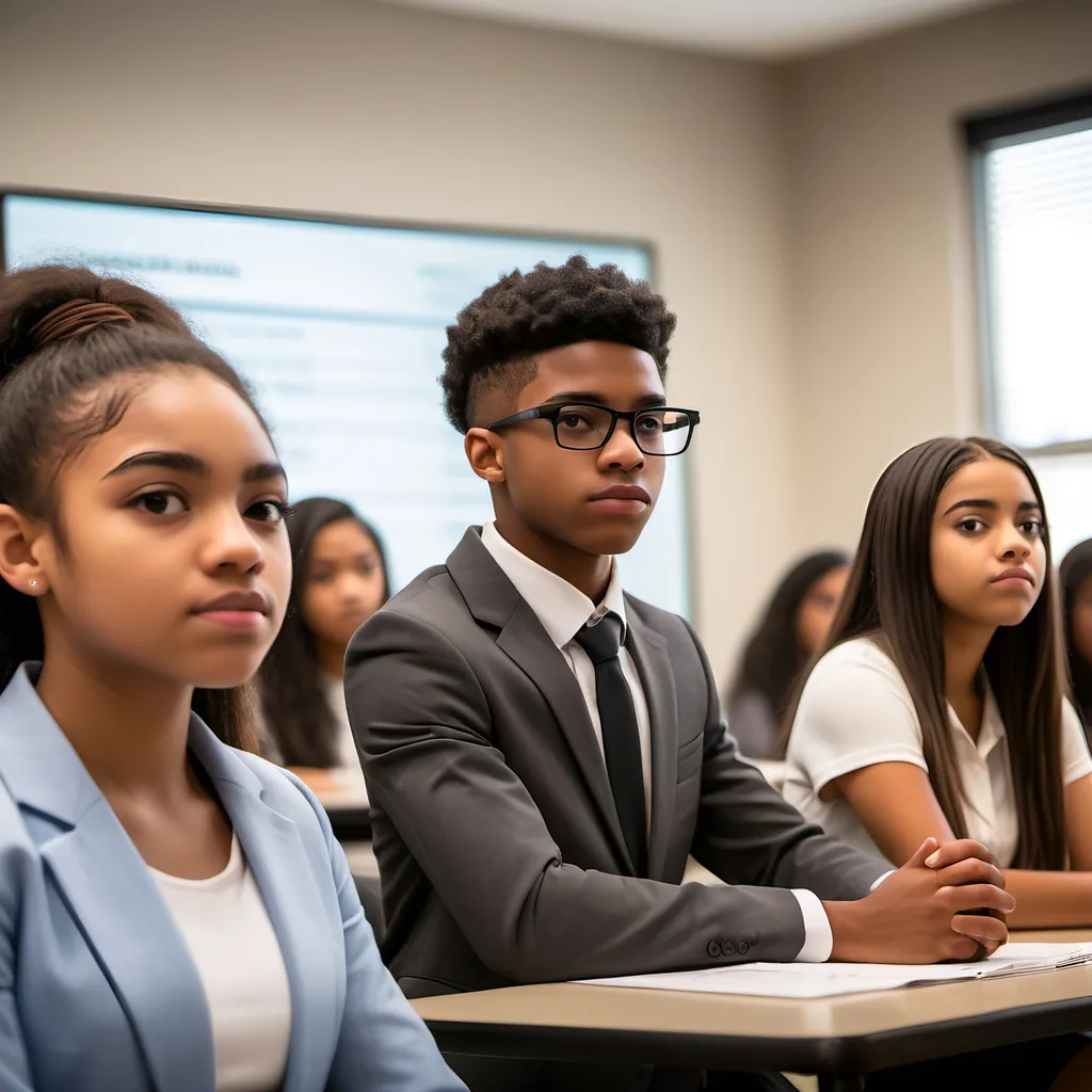 Prompt: A compelling photo of Black and Hispanic high school business students presenting their business pitch presentations photographed through an 85 mm f/1.8 lens.