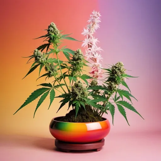Prompt: beautiful cannabis ikebana with rainbow background
