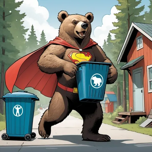 Prompt: A comic-style image of a superhero Bear wearing a cape, flying, and pushing a trash can to the street. he background is of cabins and trees
