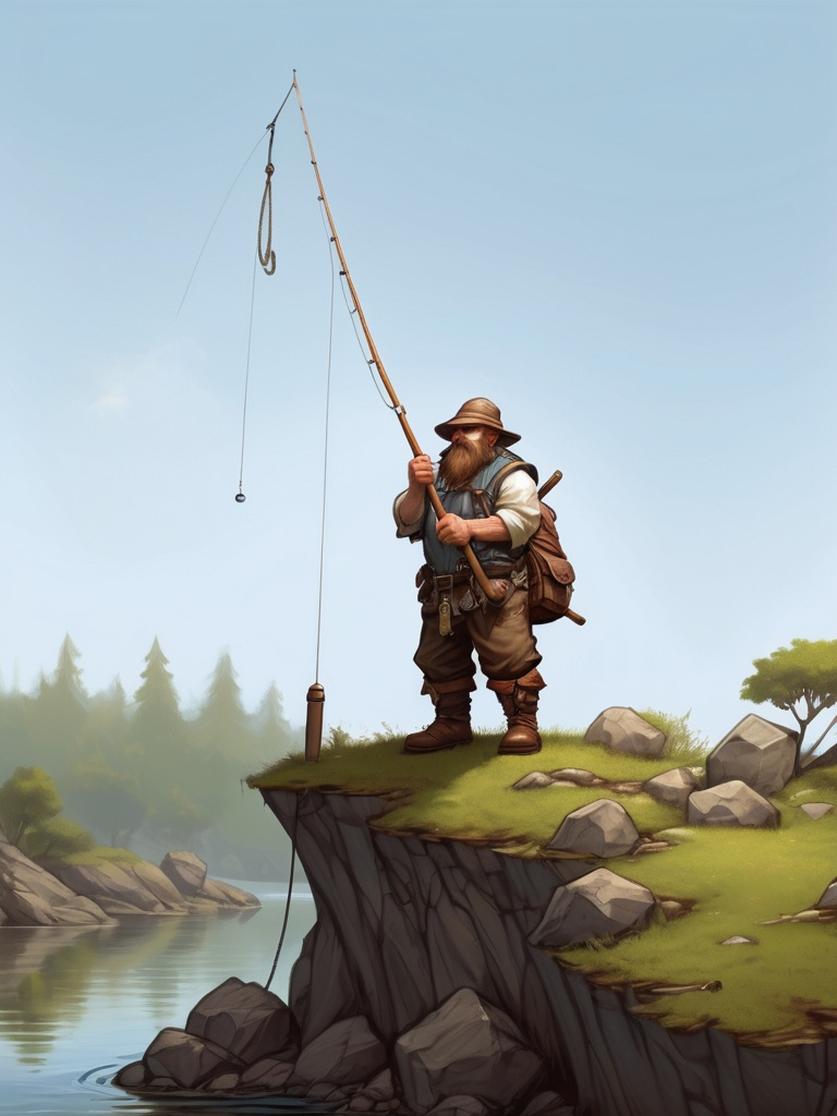 Prompt: dungeons and dragons fantasy art dwarf male fishermen with brown hair fishing pole backpack hat