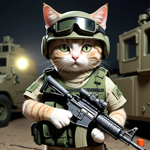 Prompt: a cartoon cat with military-grade vests, a night vision helmet holding an m4a1 with fully equipped accessories.