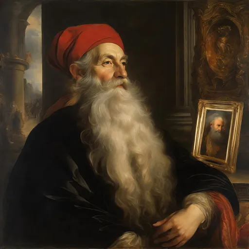 Prompt: portrait, painting by rubens, old man, world's longest beard, hugely massive giant very long beard,