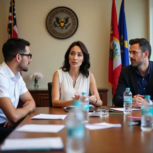 Prompt: A group of professionals engages in a focused discussion around a wooden conference table, showcasing a blend of concentration and collaborative dialogue. Two men, one with glasses and a casual white shirt and the other dressed in a dark suit and shirt, listen attentively to a woman in a white, pleated top who is gesturing as she speaks, indicating her role as a key contributor to the conversation. The environment appears formal, denoted by the presence of flags and a decorative emblem on the wall that suggests a governmental or institutional setting. Bottles of water and notebooks lie scattered across the table, with focused expressions on the participants, reflecting a serious tone of the meeting. The lighting is bright and professional, contributing to an atmosphere of productivity and determination in the workplace.