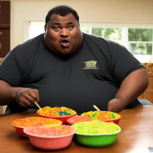 Prompt: Really fat black guy eating woppers