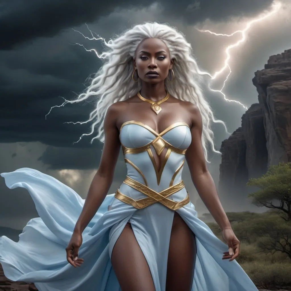 Prompt: HD 4k 3D 8k professional modeling photo hyper realistic beautiful woman enchanted Storm Princess Ororo, ethereal greek goddess, full body surrounded by ambient glow, magical, highly detailed, intricate, beautiful superhero style, Kenya, Storm, outdoor landscape, highly realistic woman, high fantasy background, elegant, mythical, surreal lighting, majestic, goddesslike aura, Annie Leibovitz style 


