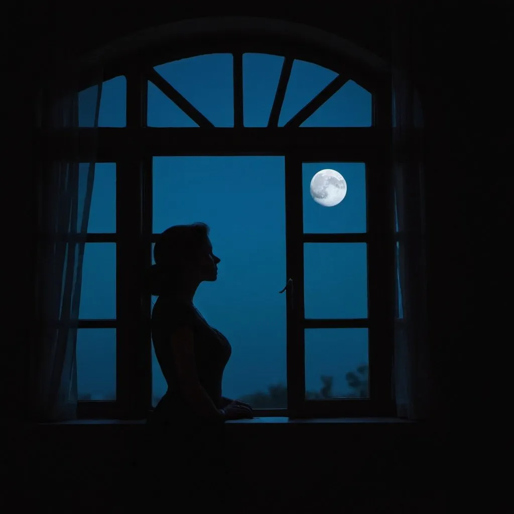 Prompt: The silhouette of a woman looking out of the window at the moon. The image should depict loneliness and yearning.