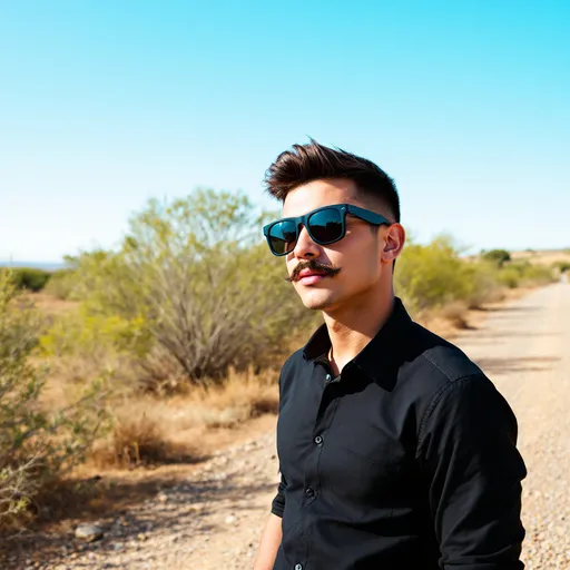 Prompt: Standing confidently in a rural landscape, a young man with a prominent mustache and stylish sunglasses gazes off to the side, exuding an air of charisma. His short, neatly styled hair contrasts with the earthy tones of the surrounding vegetation, which includes sparse bushes and low shrubs under a clear blue sky. He wears a fitted black shirt that complements his laid-back yet fashionable demeanor. The scene is set during a warm, sunny day, with the light highlighting his features and casting soft shadows, creating a vibrant and relaxed mood. The gravel road beside him reinforces the rural setting, enhancing the feeling of freedom and adventurous spirit in this tranquil environment.