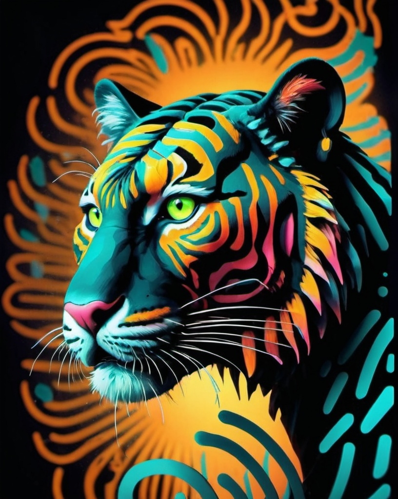 Prompt: a black background with a neon tiger on it's face and the words,'the tiger ', Beeple, computer art, neon colors, a hologram