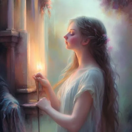 Prompt: Mystical, ethereal painting of a girl gazing at her lover from afar, dreamy and wistful expression, oil painting, flowing pastel colors, romantic atmosphere, soft lighting, high quality, detailed brushwork, mystical, ethereal, romantic, oil painting, dreamy expression, pastel colors, soft lighting