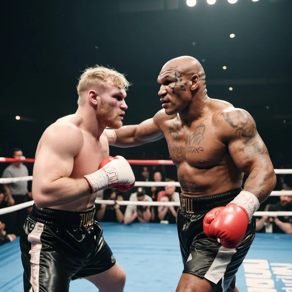 Prompt: Boxer  Mike Tyson and Jake Paul fighting, box each other, Jake paul was hit and knock down. cinematic scene.