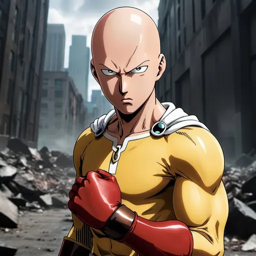 Prompt: One Punch Man in a dynamic half-body shot, set against a cinematic and chaotic backdrop. He faces the camera, his costume showing the scars of his battles, and his unwavering stance embodies the power and courage of a true hero. His face is fully captured, reflecting the essence of his indomitable spirit.