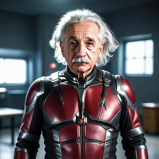 Prompt: Albert Einstein wearing the costume of AntMan in high quality picture, hyper reelism, he is standing with authority with blur background. cinematic scene, 