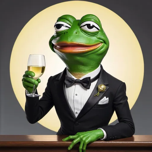 Prompt: Pepe the frog, meme coin character. Holding a glass of white wine, wearing a black tuxedo.