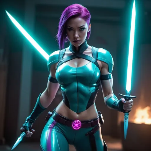 Prompt: Gorgeous ultra-muscular Betsy Braddock as Psylocke, teal aura, teal lighted daggers, cyborg, realistic, detailed, futuristic, highres, realistic, cyborg, teal tones, atmospheric lighting, cyberpunk, full body, short hair, fighting