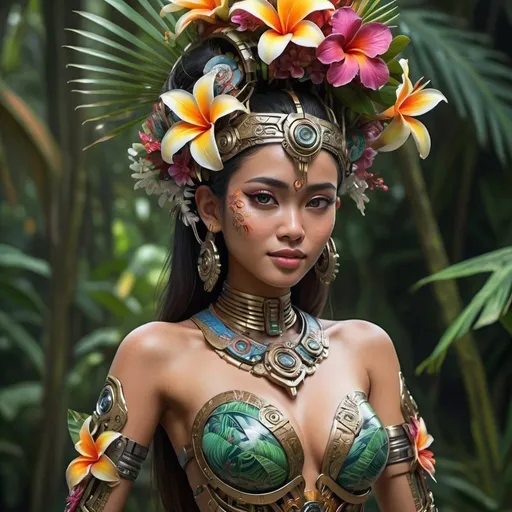 Prompt: Beautiful Balinese woman, tropical floral headpiece, high quality, traditional, tropical, full body, cyborg arm, futuristic, detailed, realistic, traditional clothing, tropical flowers, realistic skin texture, vibrant colors, detailed cyborg arm, professional quality, traditional, realistic, tropical, futuristic, detailed, vibrant colors, full body