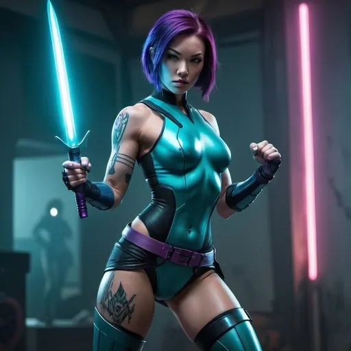 Prompt: Gorgeous ultra-muscular Betsy Braddock as Psylocke, teal aura, teal lighted daggers, cyborg, realistic, detailed, futuristic, highres, realistic, cyborg, teal tones, atmospheric lighting, cyberpunk, full body, short hair, fighting, woman with tattoo