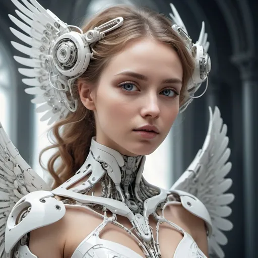 Prompt: Woman in a white dress with an angelic pose, detailed facial cyborg features, intricate details, high quality, rococo, angelic, detailed cyborg dress, delicate, future, Eszter Mattioni, cyborg woman, rococo cyborg style, detailed eyes, highres, ultra-detailed, delicate design, futuristic, angelic pose, professional, intricate, rococo style