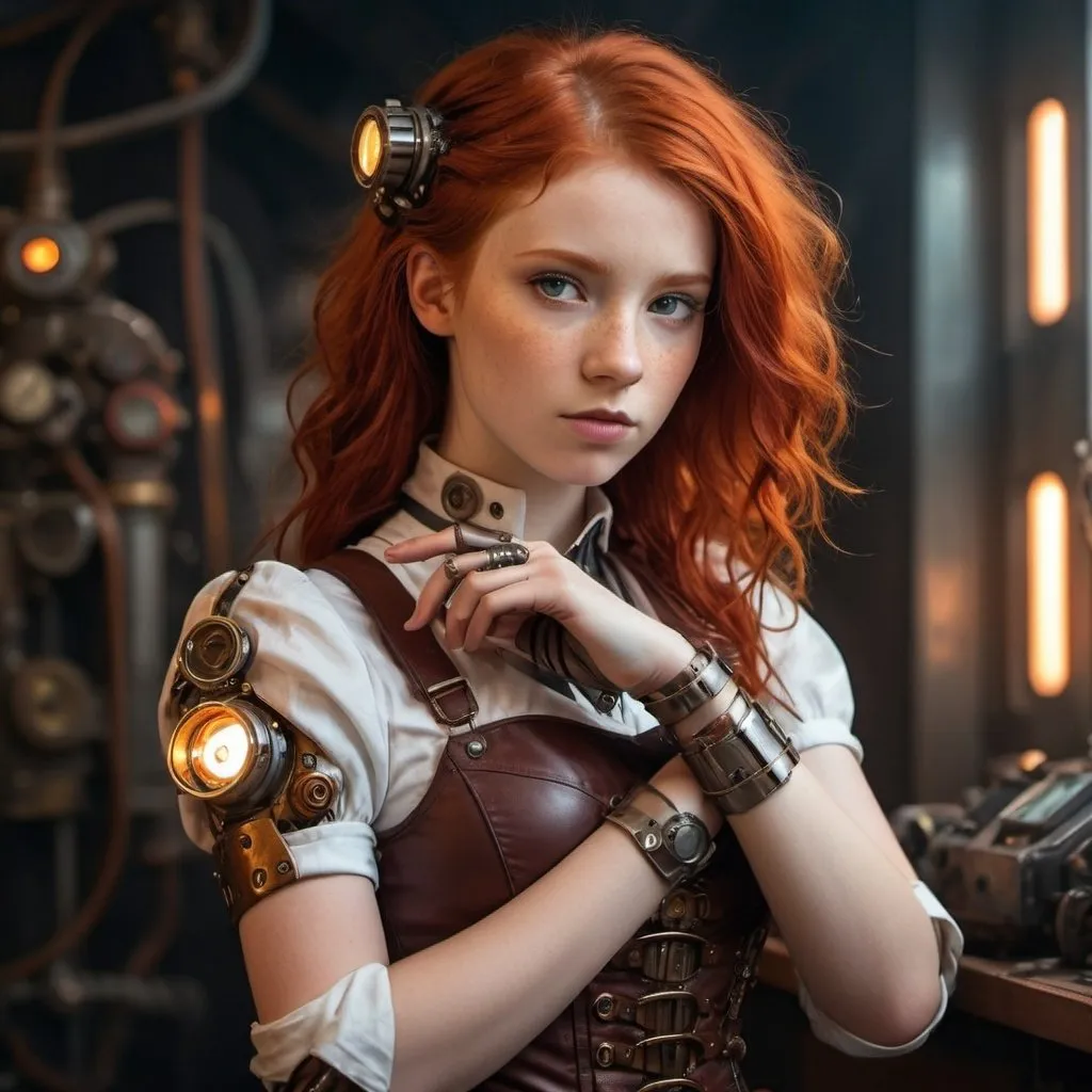 Prompt: Steampunk redhead teenager girl, intelligent and astute expression, fantasy, realistic, waist-up, cyberpunk, cyborg arm, futuristic, detailed, high quality, steampunk, red hair, astute gaze, fantasy, realistic, cybernetic arm, futuristic design, professional, atmospheric lighting