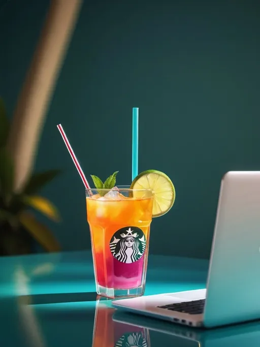 Prompt: (photorealistic) drink with a straw on a table, modern laptop computer and phone beside it, (Cui Bai style), (lyco art), vibrant summer colors, dynamic lighting, cheerful ambiance, high quality, ultra-detailed, inviting setup, harmonious composition, bright reflections on surfaces, soft shadows creating depth, perfect for a stock photo.