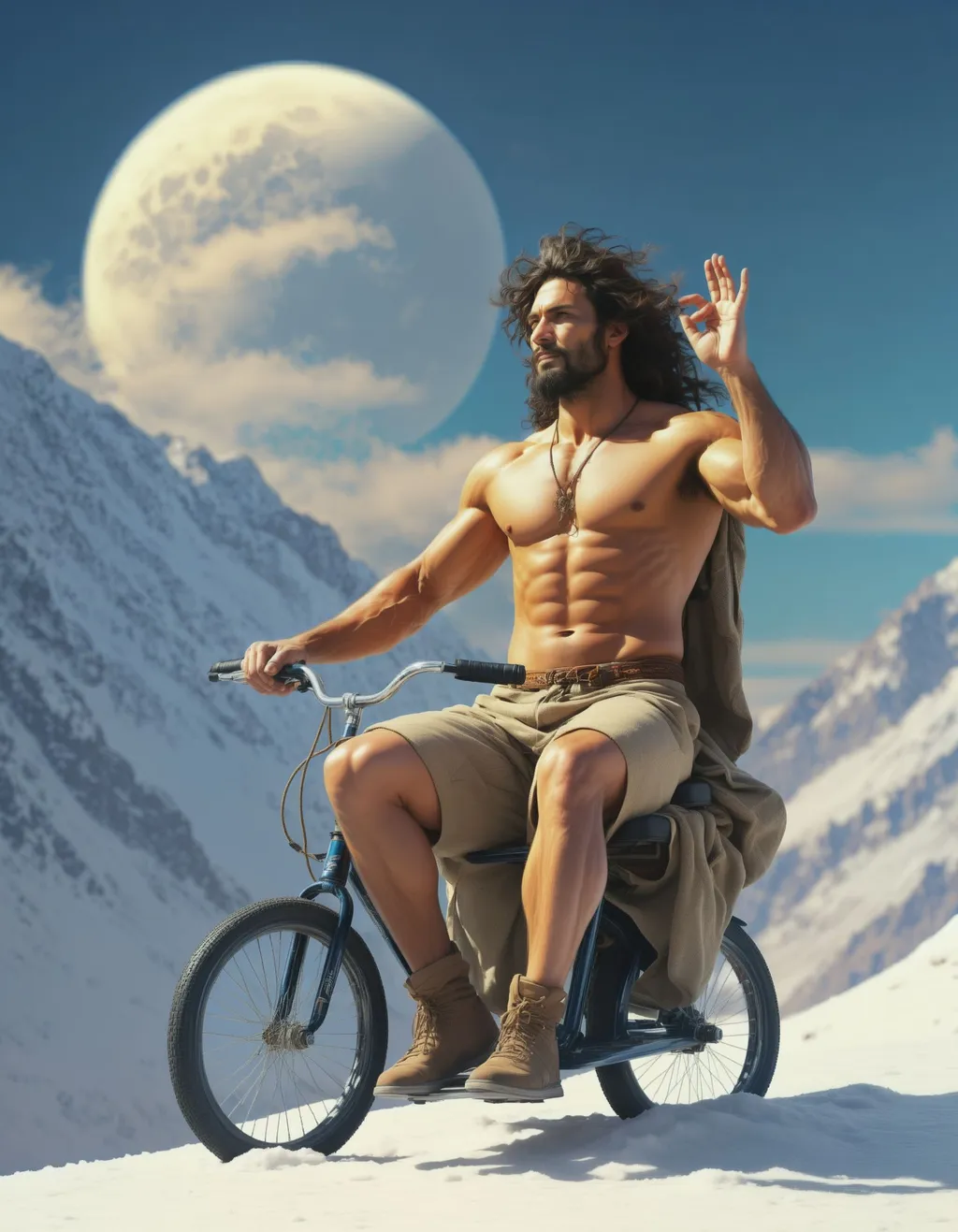 Prompt: an shiva riding a bicycle on mars artstation, hd, dramatic lighting, detailed