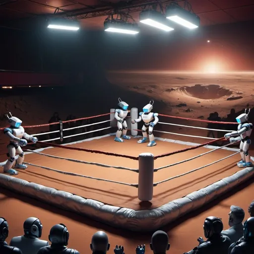 Prompt: Robots fight in boxing ring on Mars with Rafree and some viewers on the match