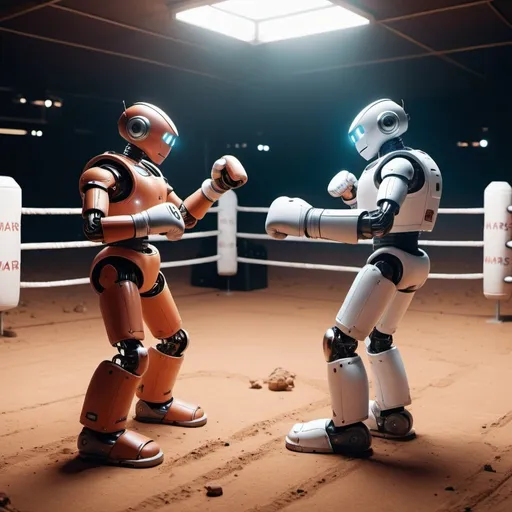 Prompt: Robots fight in boxing ring on Mars with Rafree and some viewers on the match