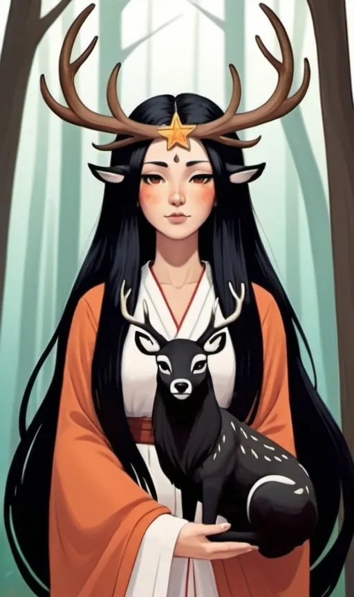 Prompt: zen master alessia, human with long black hair with deer antlers and star spirit