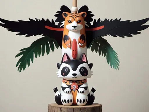 Prompt: native american totem japan anime style with these animals: cow, axolotl, tiger, fox, panda, eagle
