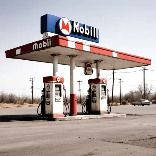 Prompt: Old gas station that has logo mobil on it