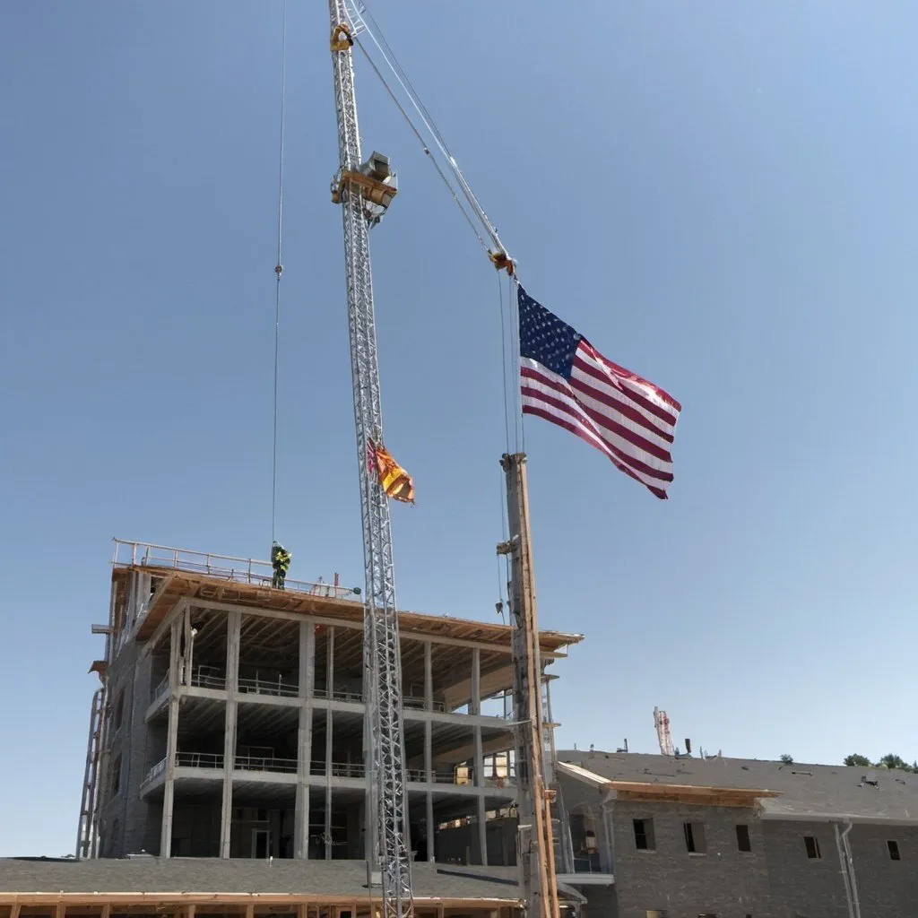 Prompt: Merged picture with flag at half mast and a building under construction with fire sprinklers