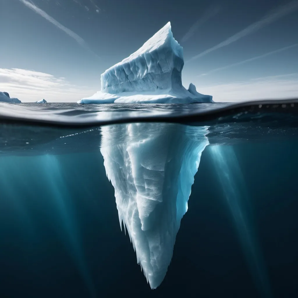 Prompt: a vertical image of an iceberg showing 10% above the water and 90% bellow the surface
