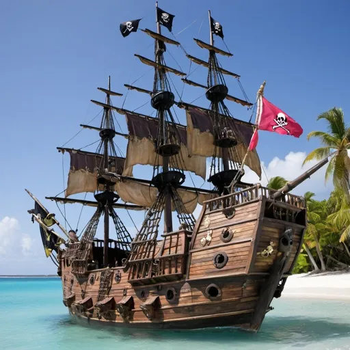 Prompt: Caribbean Bandit Pirate ship with pirates treasure "pieces of eight" canons 