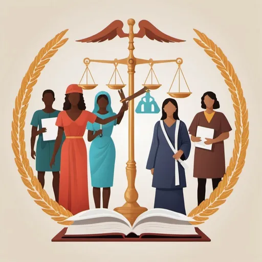 Prompt: Create an illustration to represent the concept of Social Law. The image should include the following elements:

Justitia (Goddess of Justice): Depict her holding a scale and a sword to symbolize justice and fairness.
Diverse Group of People: Show a diverse group of individuals of different ages, genders, and ethnic backgrounds to represent the societal aspect and the populations affected by social law.
Symbols of Social Protection: Include elements such as an ambulance (representing healthcare), a school building (representing educational rights), and an employment center (representing labor rights).
Section Symbol (§): This symbol should be prominent to indicate laws and legal provisions.
Legal Documents or Law Books: Show open books or documents with text to represent specific regulations and laws.
Community Symbols: Depict hands holding each other or a supportive net to symbolize the social safety net and mutual support.
The overall composition should convey the idea of justice, protection, and support within a legal framework


