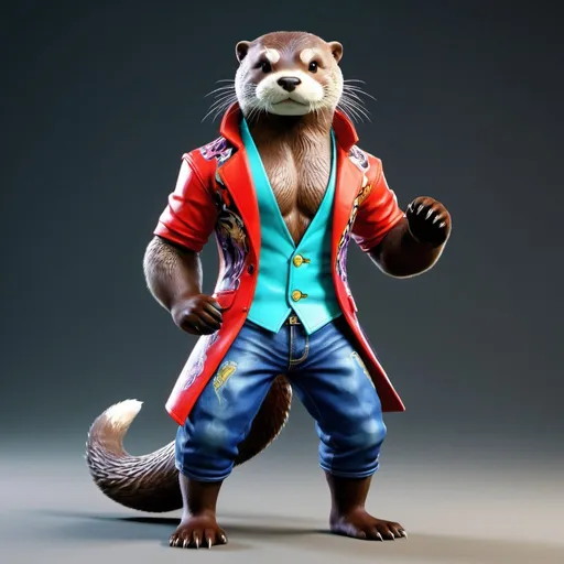 Prompt: 3d model, otter as tekken 8 character, flamboyant coat, flashy outfit, vibrant jeans, colorful shirt, modern, urban, 8k resolutiom, highly detailed, masterpiece, epic, dramatic, 