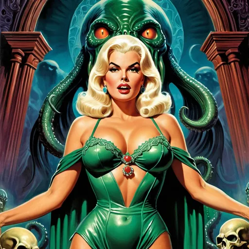 Prompt: pulp magazine cover, high priestess of the cult of cthulhu, based on jayne mansfield, holding sermon, inspired by tales of the crypt comic books, inspired by weird tales comic books, 8k resolution, highly detailed, best quality, hdr, uhd, sinister, horror, retro, evil, demonic, satanic, unholy, biblical, 

