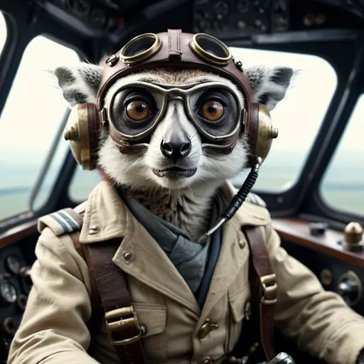 Prompt: cinematic film still, angry lemur as early 20th century ww1 pilot, in plane cockpit, 8k resolution, highly detailed, intricate details, hyperdetailed, masterpiece, UHD; best quality,