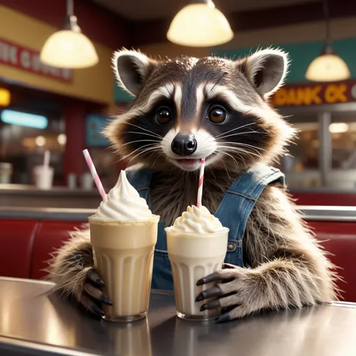 Prompt: cinematic film still, cute raccoon, sitting in diner with milkshake, 8k resolution, highly detailed, intricate details, hyperdetailed, masterpiece, UHD; best quality,