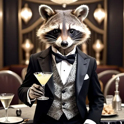 Prompt: raw photograph, raccoon wearing tuxedo, bowtie, holding martini glass, at art deco party, highly detailed, intricate details, detailed fur, 