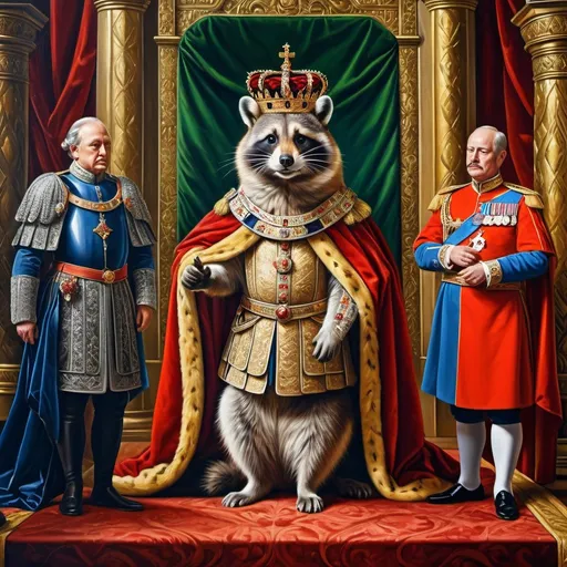 Prompt: oil painting, coronation scene, human nobility appoint 1raccoon to emperor, 8k resolution, highly detailed, intricate details, masterpiece, deep colors, vibrant colors, epic, dramatic, 