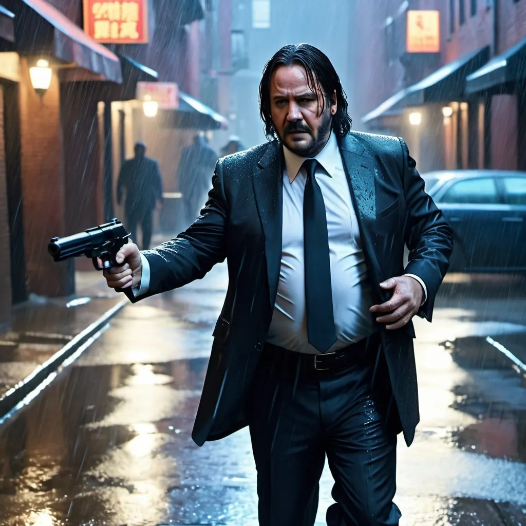 Prompt: film still, danny devito as john wick, elegant suit, pistol in hand, in rain, drenched clothes, wet hair, alley way, gunfight, 8k resolution, highly detailed, best quality, hdr, uhd, john wick 2014, cinema, action, movie,