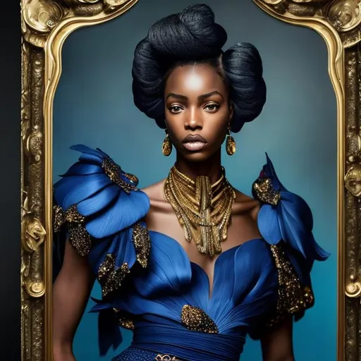 Prompt: a vibrant professional studio full body portrait photography of a young black female wearing african inspired blue with gold embellishments elie saab haute couture. Hair is flowing natural hair braids. She looks like a femme fatale in the style of richard avedon, leica, award winning, breathtaking, groundbreaking, superb, outstanding, lensculture portrait awards, photoshopped, dramatic lighting, 8 k, hi res --ar 3:4