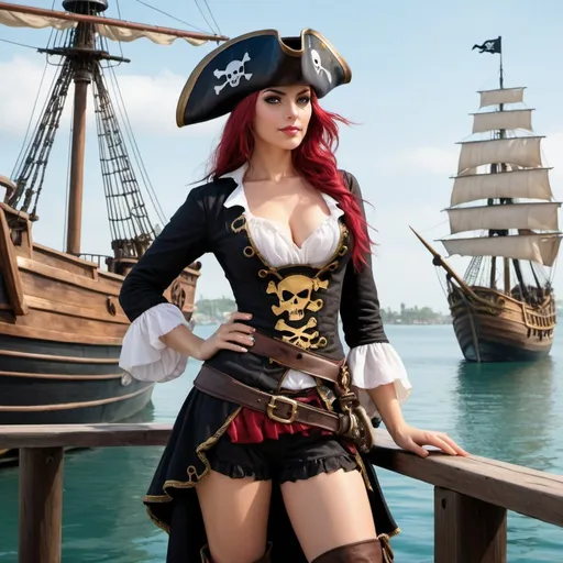 Prompt: a woman dressed in a pirate costume posing for a picture on a dock with a pirate ship in the background, Artgerm, fantasy art, cgstudio, a photorealistic painting