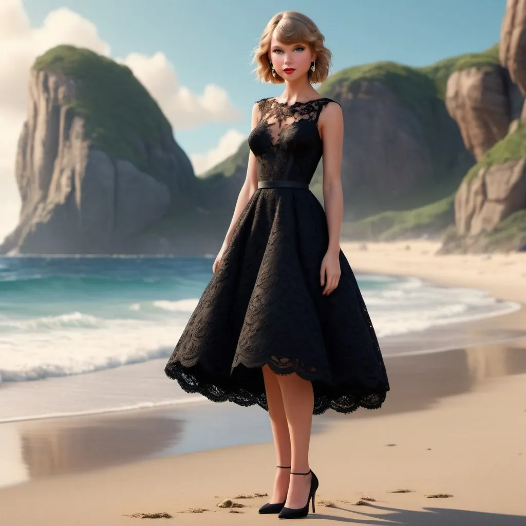 Prompt: Disney pixar character, 3d render style, cinematic colors, taylor swift, full body, dressed for fancy formal dinner in black with lace, standing on a beach, dress knee length, jewelry