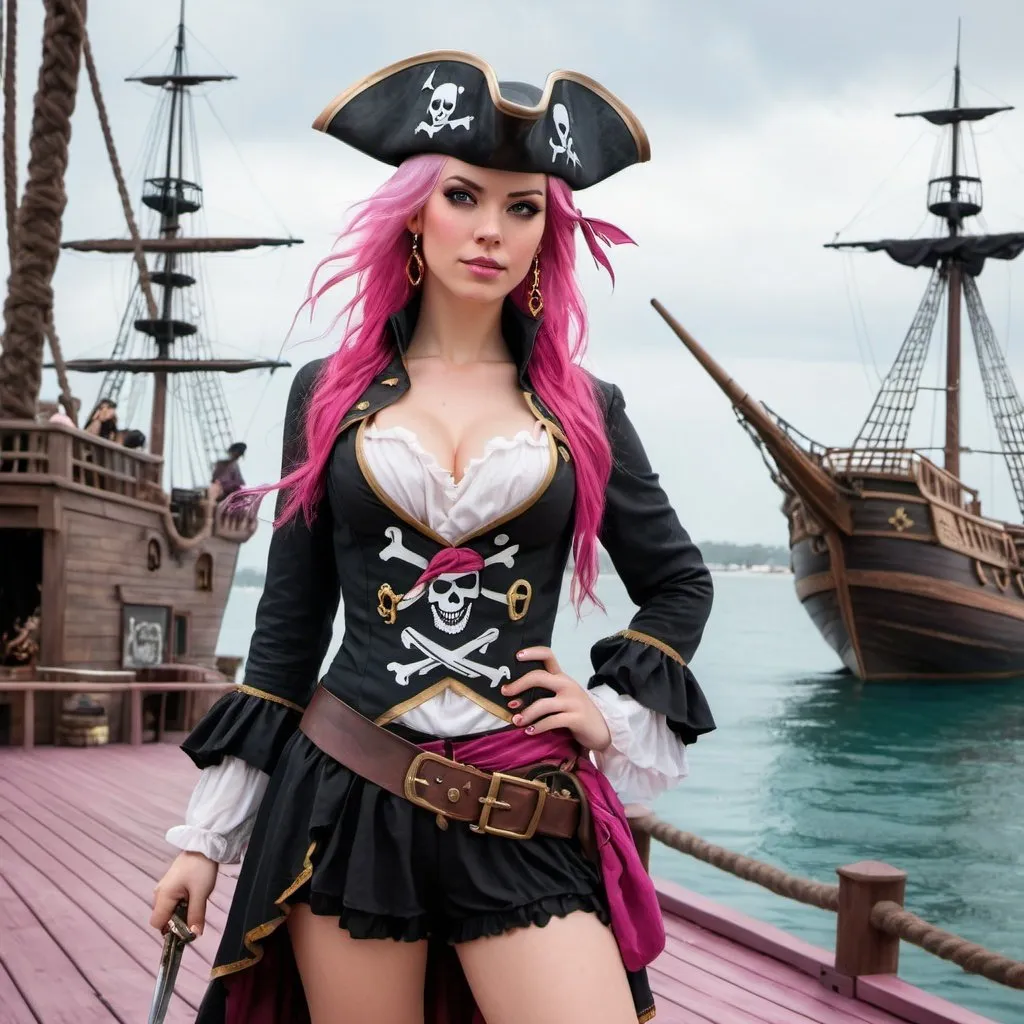 Prompt: a woman dressed in a pirate costume posing for a picture on a dock with a pirate ship in the background, Artgerm, fantasy art, cgstudio, a photorealistic painting, pink hair, Artgerm