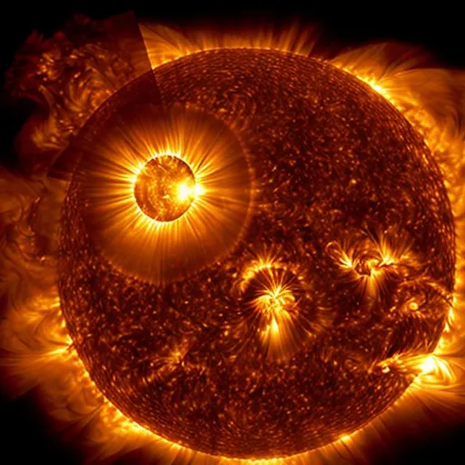 Prompt: Dynamic graphics showing solar flares and coronal mass ejections bursting from the Sun.