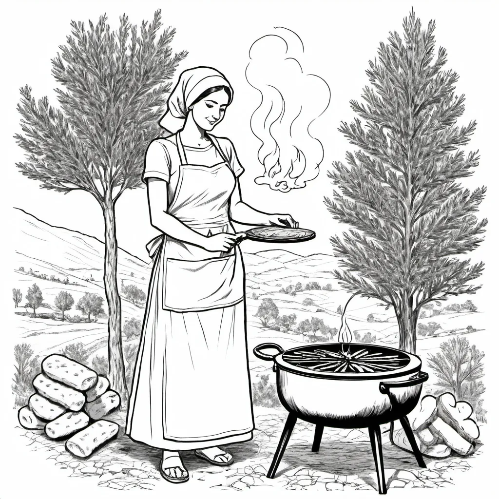 Prompt: A woman wears an apron with a Lebanese cedar tree on it and places a manqousha on a metal piece of bread with a fire stove underneath it.