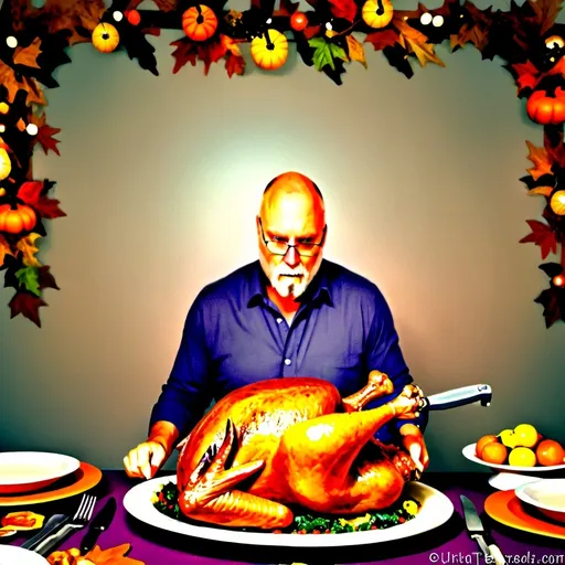 Prompt: (photorealistic) Man carving cooked turkey with a large knife, vibrant colors, comedic scene, hyper-realistic details, Thanksgiving table setting with rich autumn hues, festive decorations, carefully arranged plates and cutlery, warm lighting creating a cozy atmosphere, overflowing with fall-themed elements, ultra-detailed, focus on expression of joy and humor during the feast.