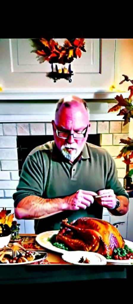 Prompt: (comedic scene) Man carving a beautifully cooked turkey, traditional Thanksgiving setting with a richly decorated table, vibrant autumn leaves, colorful platters, and exaggerated facial expressions, (hyper-realistic) ultra-detailed scene showcasing rich textures, warm and inviting colors, cozy atmosphere filled with laughter, illuminated by soft lighting. Elements like festive decor and diverse dishes beautifully arranged enhance the festive mood.