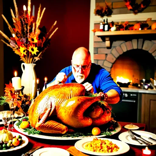 Prompt: (photorealistic) Man carving cooked turkey with a large knife, vibrant colors, comedic scene, hyper-realistic details, Thanksgiving table setting with rich autumn hues, festive decorations, carefully arranged plates and cutlery, warm lighting creating a cozy atmosphere, overflowing with fall-themed elements, ultra-detailed, focus on expression of joy and humor during the feast.