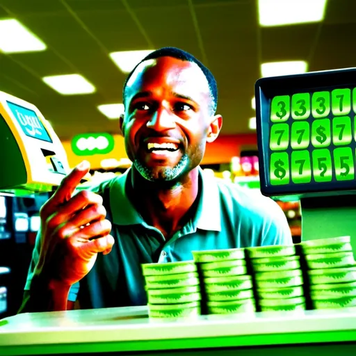 Prompt: (ultra-detailed) Man standing in line at grocery store cash register, (shocked expression), (green dollars in hand), cashier with hands out ready to receive money, vibrant colors, large dollar number on cash register sign, comedic atmosphere, busy grocery store background, (photorealistic), bright lighting, engaging and lively ambiance, capturing the humor in the scenario.